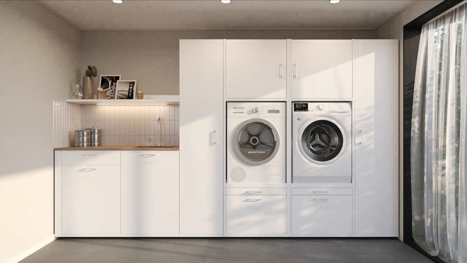 Sicherer Waschmaschinenschrank mit praktischem Waschbecken für die Waschküche.  Praktische Waschmaschinenerhöhung für komfortables Wäschewaschen..